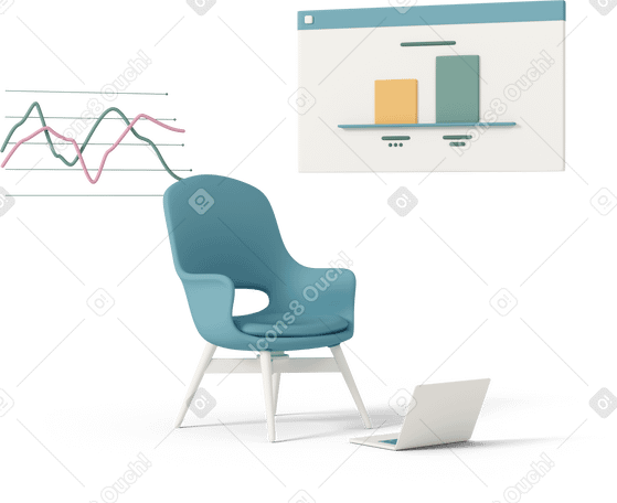 3D chair and laptop with statistic chart в PNG, SVG