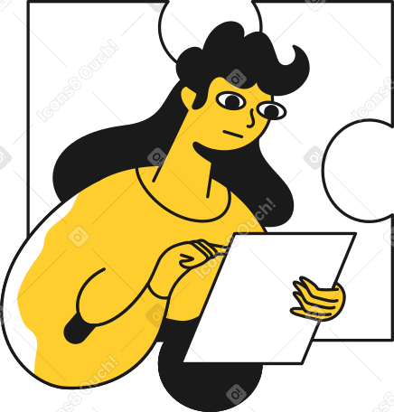 woman with a white sheet of paper on the background of a puzzle Illustration in PNG, SVG