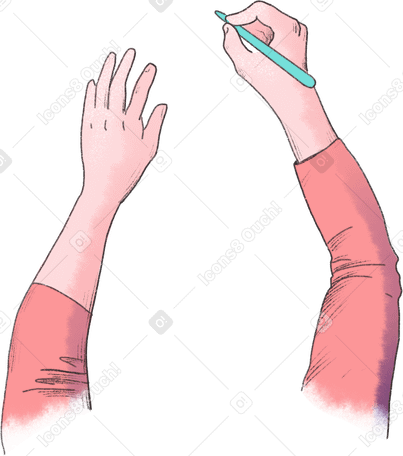 Руки в розовых рукавах с карандашом в руке в PNG, SVG