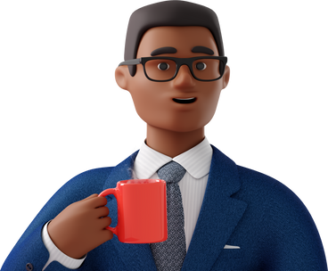 close up of black businessman in blue suit with coffee mug PNG, SVG