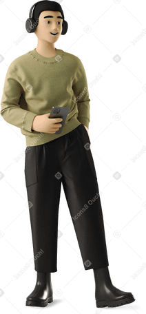 3D young guy stands and listens to music Illustration in PNG, SVG