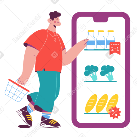 Мужчина с корзиной в руке выбирает продукты на дисплее мобильного телефона в PNG, SVG