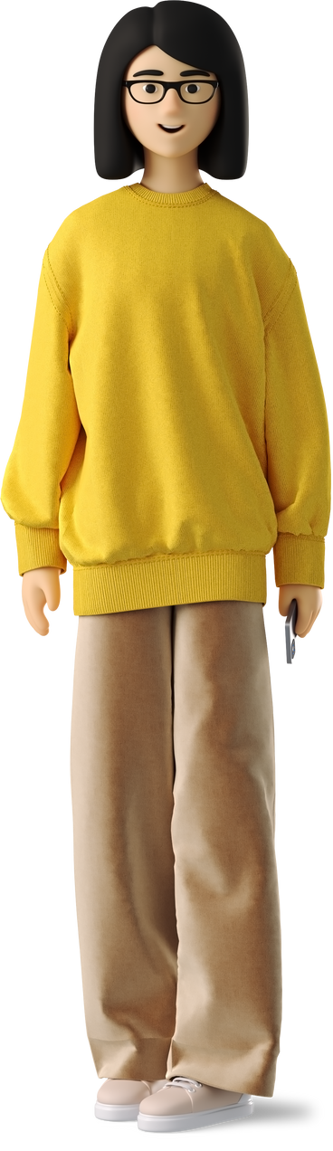 young woman in yellow sweater and glasses standing PNG, SVG