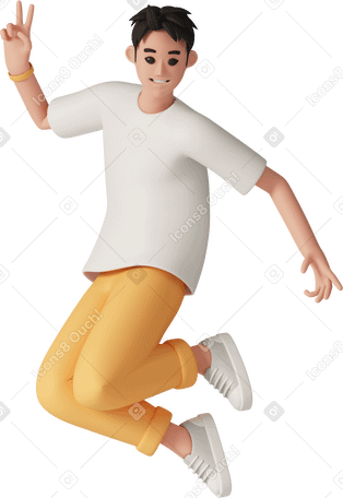3D Счастливый прыгающий мужчина показывает знак v в PNG, SVG
