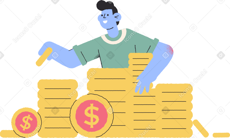 man with pile yellow coins dollars Illustration in PNG, SVG