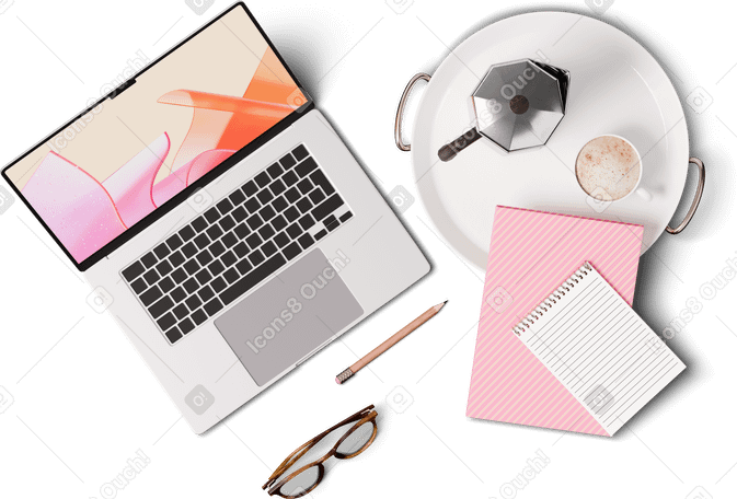 3D top view of laptop, notebooks, tray with moka pot, and cup PNG, SVG