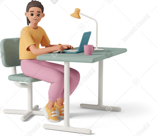 3D three-quarter view of young woman working on laptop PNG, SVG