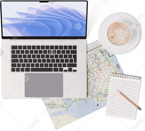 3D Vista superior del mapa, computadora portátil, cuaderno, taza de café PNG, SVG