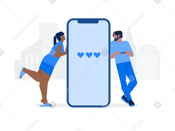 Девушка и парень смотрят друг на друга рядом со смартфоном на фоне города в PNG, SVG
