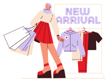 Lettering New Arrival with young woman at the clothes rack text PNG, SVG