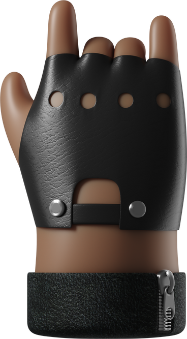 Rocker's dark brown skin hand in leather glove showing a rock sign PNG, SVG