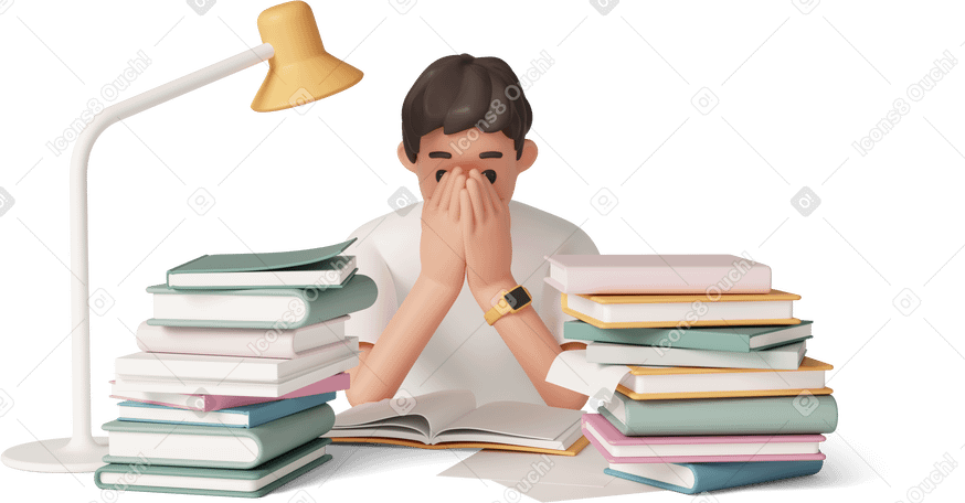 3D tired man with stacks of books PNG, SVG