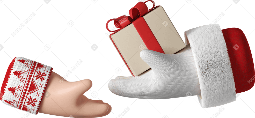 3D Santa Claus giving a gift box to white skin hand PNG、SVG