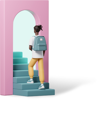 3D young man walking up stairs Illustration in PNG, SVG