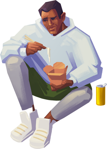 Man sitting and eating wok PNG, SVG