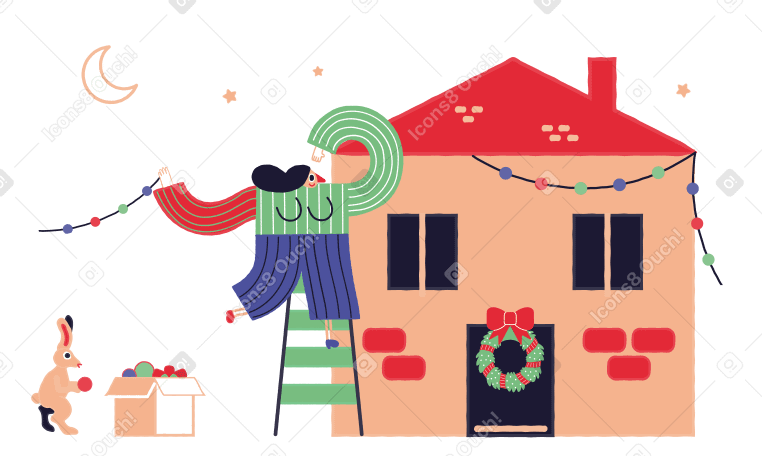 Decorating home for Christmas Illustration in PNG, SVG