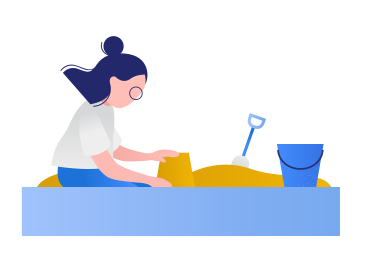 Girl plays in the sandbox and makes a sand cake PNG, SVG