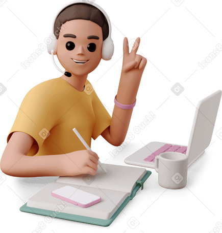 3D young woman in headset taking notes in front of laptop and showing v sign PNG, SVG