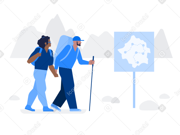 Illustration Homme et femme avec des sacs à dos sur un sentier de randonnée sur fond de paysage de montagne aux formats PNG, SVG