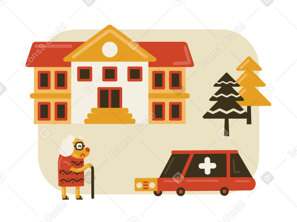 Elderly woman, hospital and ambulance PNG, SVG