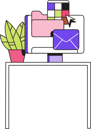 Table with computer and flower PNG, SVG