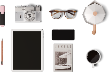 Top view of blogger's things arranged in perfect order PNG, SVG