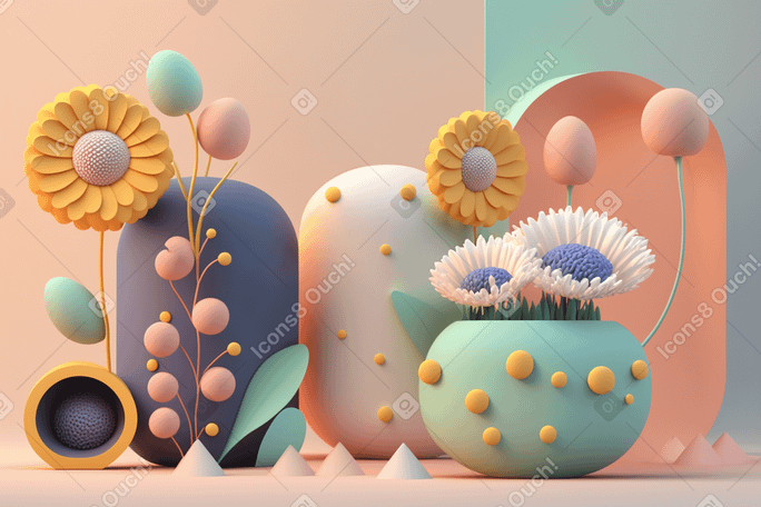 3D abstract flowers composition Illustration in PNG, SVG
