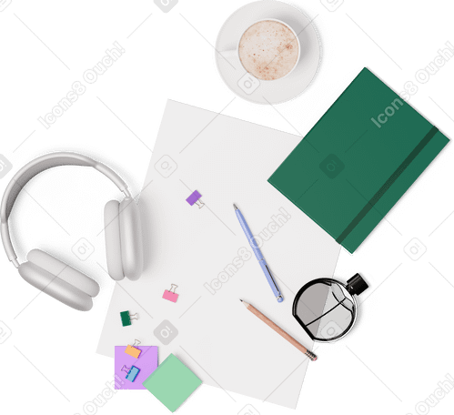 3D top view of headphones, notebook, cup of coffee and pen PNG, SVG