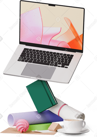 3D front view of laptop, notebook, cup and abstract shapes PNG, SVG