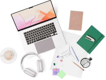 Top view of laptop, headphones, perfume, cup, stapler, and sticky notes PNG, SVG