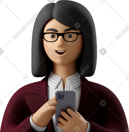 3D close up of businesswoman in red suit with phone looking straight PNG, SVG