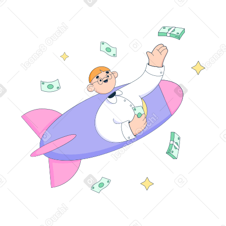 Illustration Un homme d'affaires dans un vaisseau spatial attrape de l'argent dans l'espace aux formats PNG, SVG