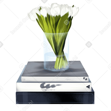 Vase with flowers on a stack of books PNG, SVG