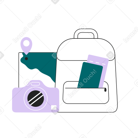 Backpack, camera and map for travel Illustration in PNG, SVG