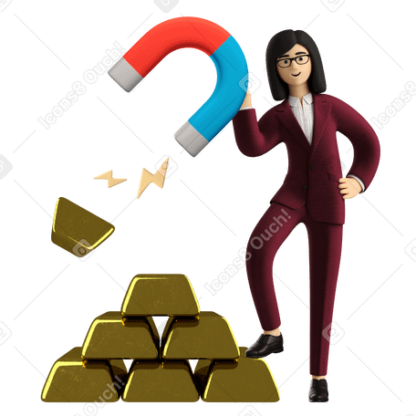 3D businesswoman in red suit magnetizing gold bar with magnet PNG, SVG