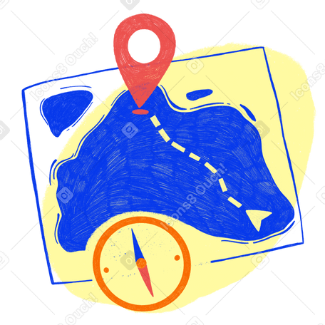 Map with the way to the goal and a compass for orientation in space Illustration in PNG, SVG