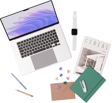 Vista dall'alto di laptop, rivista, taccuino, busta, cucitrice, penna e matita PNG, SVG