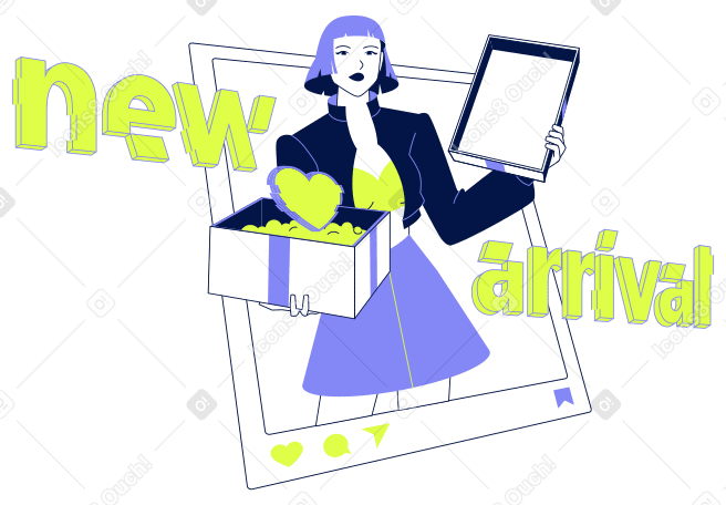 Новое прибытие и молодая женщина, открывающая коробку с надписью в PNG, SVG