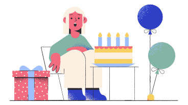 Girl sitting near birthday cake and balloons PNG, SVG
