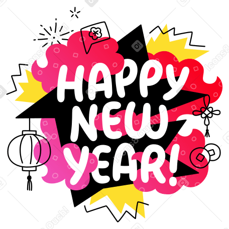 Happy Chinese New Year lettering colorful with doodles Illustration in PNG, SVG