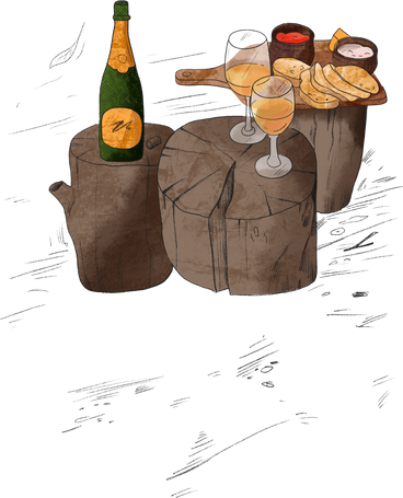 Three logs with glasses, a bottle and a snack в PNG, SVG