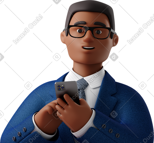 3D close up of black businessman in blue suit with phone looking straight PNG, SVG