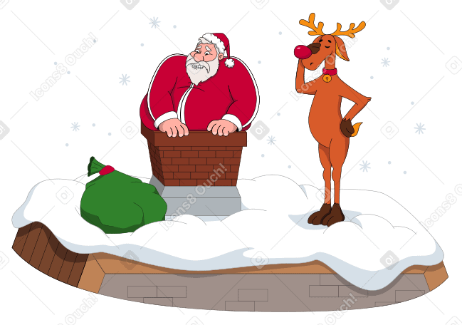 Санта застрял в дымоходе и разочарованный олень в PNG, SVG