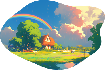 Дождливый пейзаж с уютным домом и радужным фоном в PNG, SVG