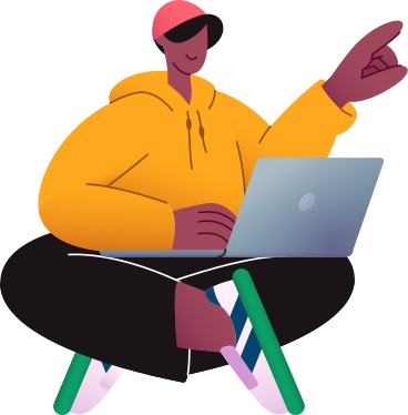 Homem sentado com um laptop e a mão esquerda levantada PNG, SVG