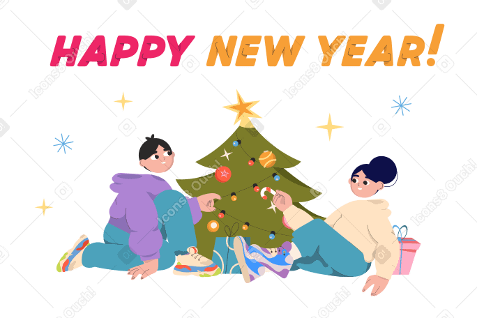Testo di felice anno nuovo e un ragazzo e una ragazza che decorano un albero di natale PNG, SVG