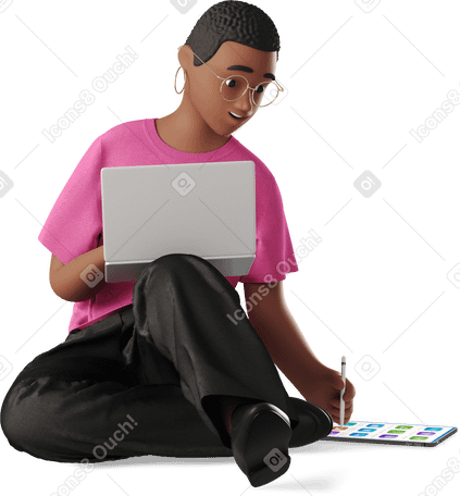 3D young woman working with laptop and tablet PNG、SVG