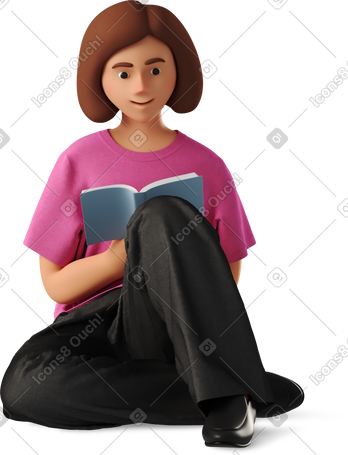 3D 穿着便服看书的年轻女子 PNG, SVG