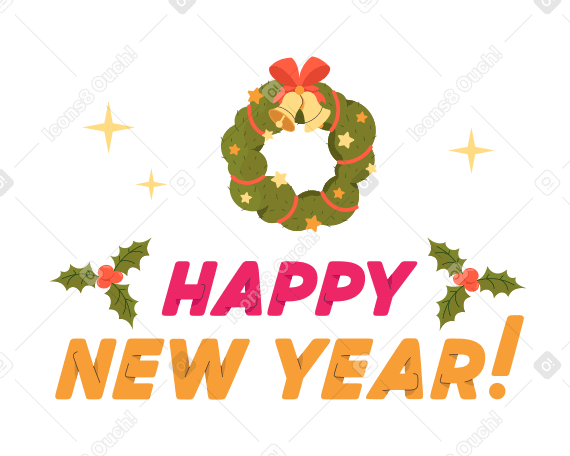 Happy New Year lettering under the Christmas wreath PNG, SVG