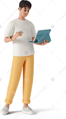 3D young man with tablet Illustration in PNG, SVG